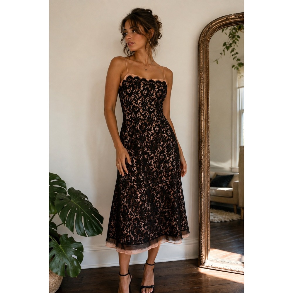 Tessuto Vintage Lace Slip Dress Size 4 Black Peach Floral Midi Made USA 90s